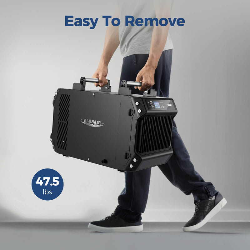 AlorAir Galaxy 60 carried by its two handles, with a 47.5 lbs badge