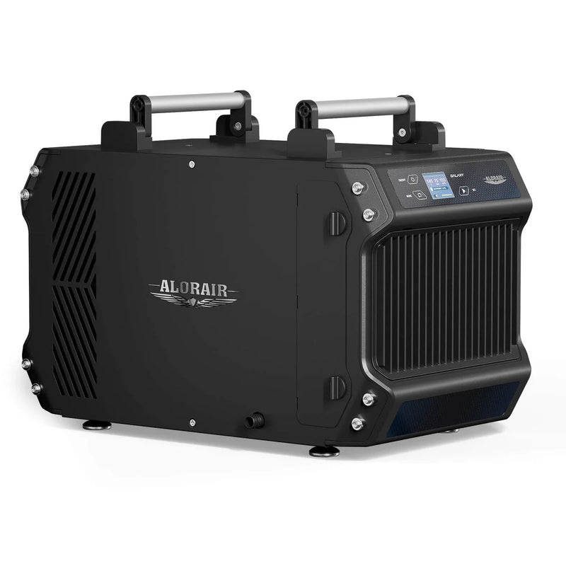 Black AlorAir Galaxy 60 dehumidifier with two top carry handles, front three-quarter view