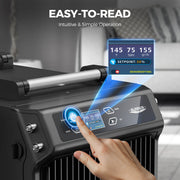 Finger pressing the power button on the AlorAir Galaxy 60P display showing temperature, humidity, grains per pound and a 50% setpoint