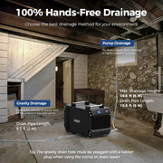 AlorAir Galaxy 60P in a stone basement showing pump drainage up to 19.6' and gravity drainage through a 6.5' hose