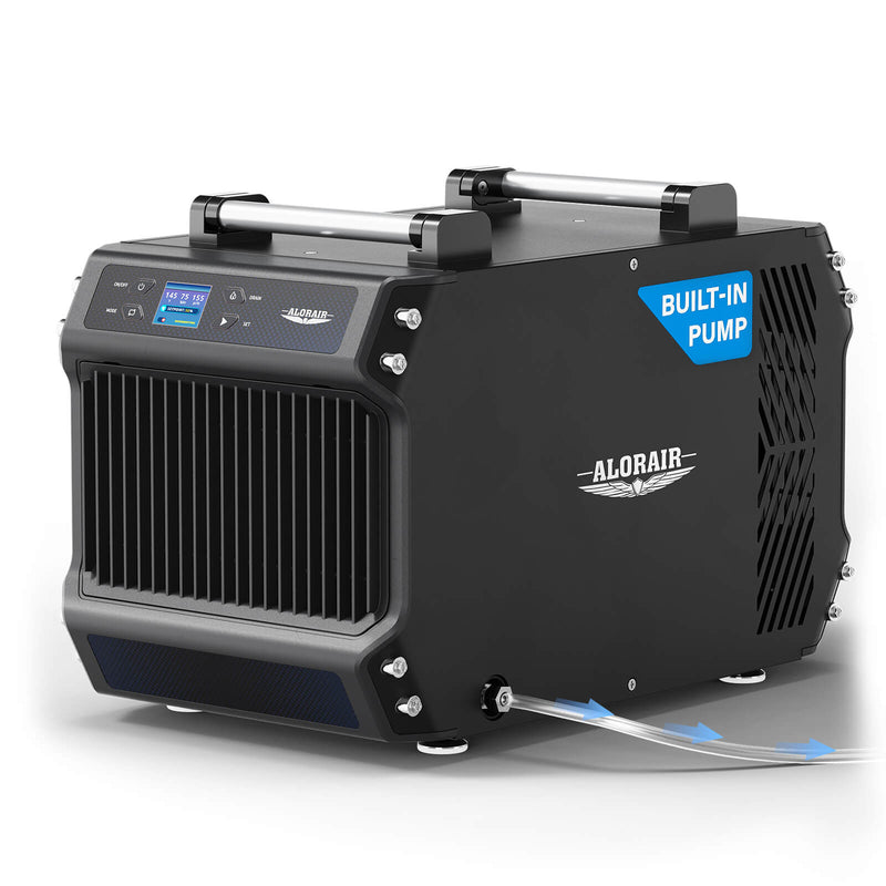 Black AlorAir Galaxy 60P dehumidifier with a Built-In Pump badge, front three-quarter view with drain hose