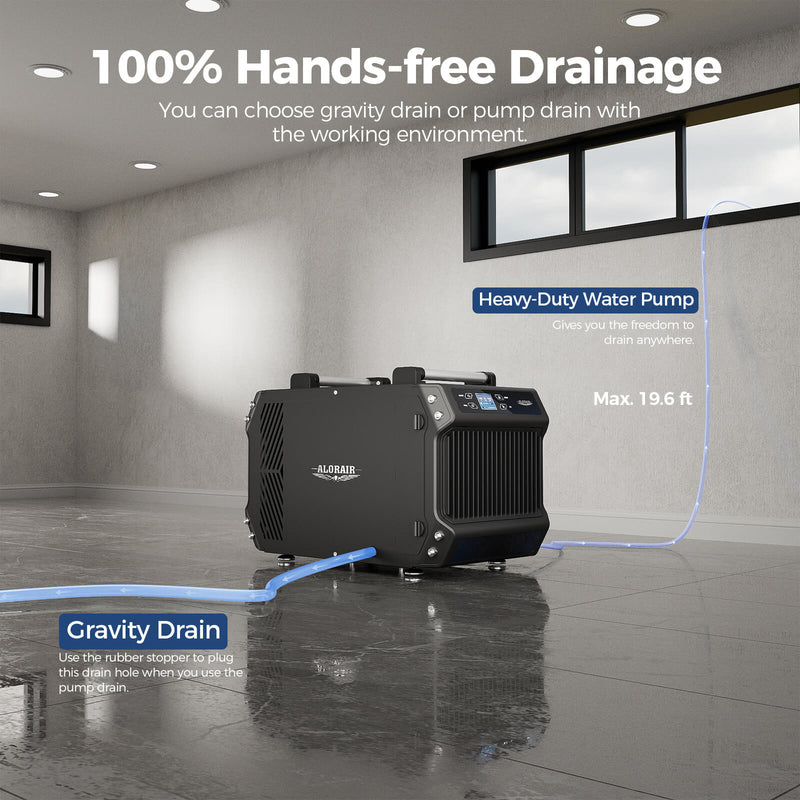 AlorAir Galaxy 85P showing gravity drainage and pump drainage up to 19.6' to a basement window