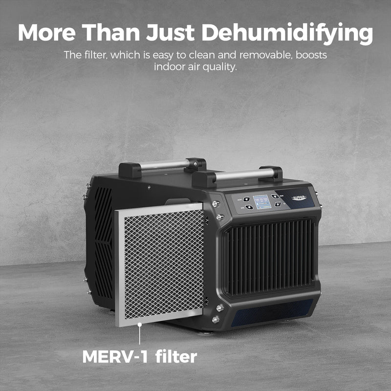 AlorAir Galaxy 85P with its MERV-1 filter pulled out of the side