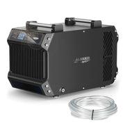 AlorAir Galaxy 85P, three-quarter view of the intake side and control panel with a coiled drain hose