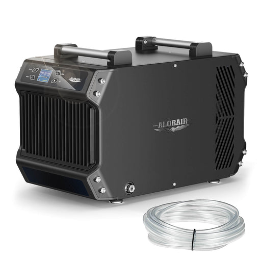 AlorAir Galaxy 85P, three-quarter view of the intake side and control panel with a coiled drain hose