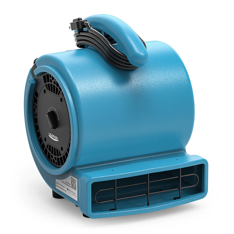 AlorAir GE1000 air mover in blue, front three-quarter view with the cord wrapped on top