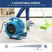 AlorAir GE1000 blowing across a freshly mopped floor, with a 3 Adjustable Speeds header