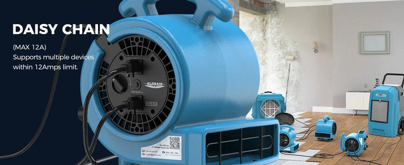 GE1000A with its outlets in use and more AlorAir equipment behind, with a Daisy Chain, Max 12A label