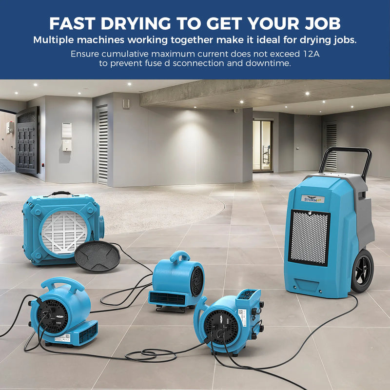 Several AlorAir air movers, an air scrubber and a dehumidifier chained together in an empty room, with a 12A total current note