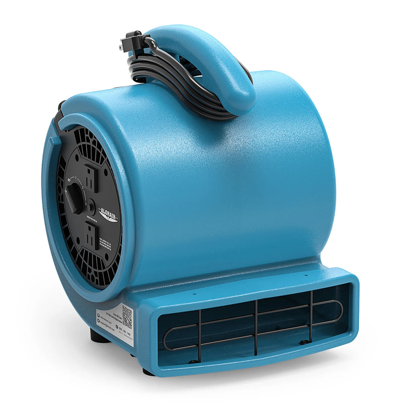 AlorAir GE1000A air mover in blue, front three-quarter view showing the two outlets on the side panel