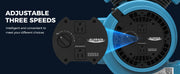 Close-up of the GE1000A side panel with two outlets and the speed switch, with an Adjustable Three Speeds label