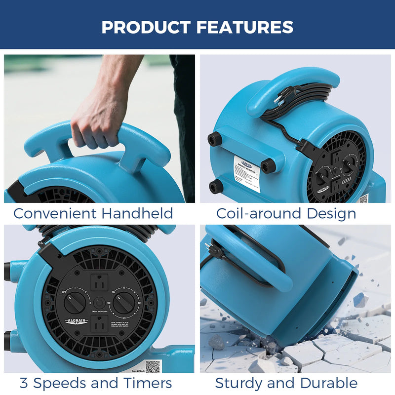 Four close-ups of the GE1000AT: carry handle, cord wrap, speed and timer panel, and tough housing