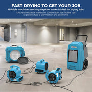 Several AlorAir air movers, an air scrubber and a dehumidifier chained together in an empty room, with a 12A total current note