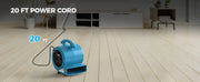 AlorAir GE1000T on a wood floor with its cord to a wall outlet, with a 20 FT Power Cord label