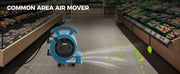 AlorAir GE1000T blowing down a grocery store aisle, with a Common Area Air Mover label