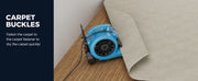 AlorAir GE2000HCW with a carpet edge tucked into its clamp, with a Carpet Buckles label