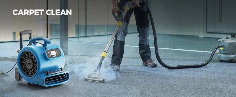 AlorAir GE2000HCW drying carpet beside a steam carpet cleaning wand, with a Carpet Clean label