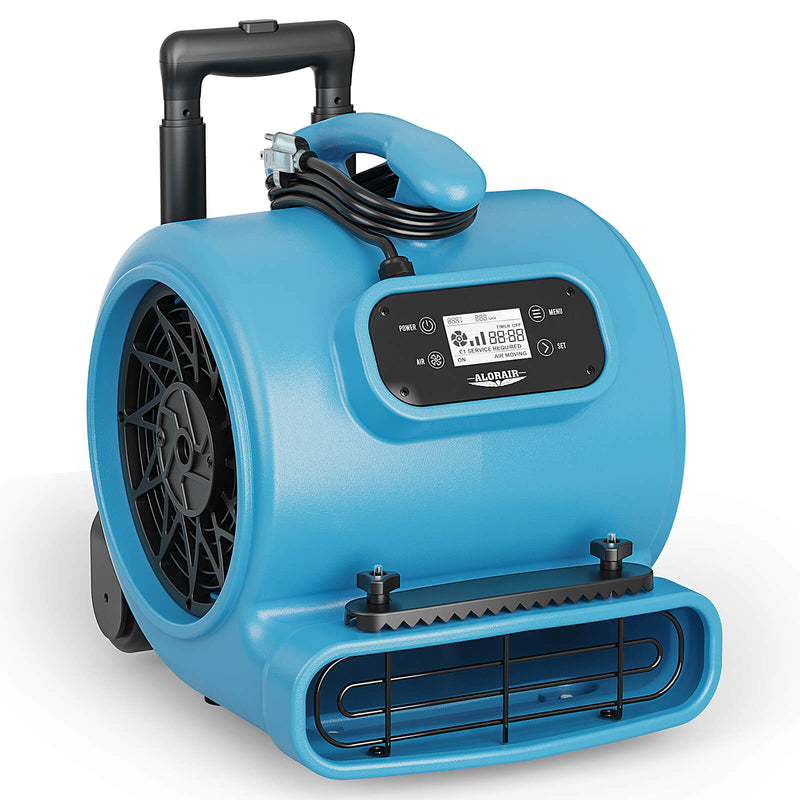 AlorAir GE2000HCW air mover in blue with pull-out handle, wheels, digital panel and carpet clamp, front three-quarter view