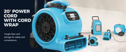 AlorAir GE2000HCW beside other AlorAir drying equipment, with a 20' Power Cord label