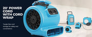 AlorAir GE2000T with its cord wrapped, beside other AlorAir drying equipment, with a 20' Power Cord label