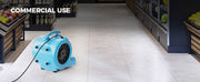 AlorAir GE2000T on a tiled store aisle floor, with a Commercial Use label