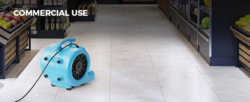 AlorAir GE2000T on a tiled store aisle floor, with a Commercial Use label