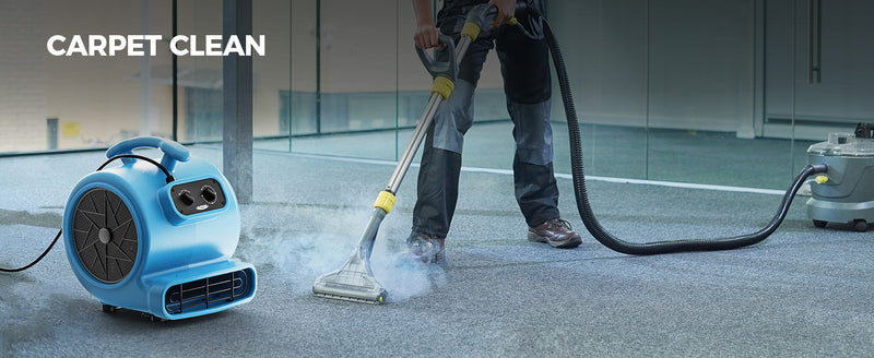 AlorAir GE2000TF drying carpet beside a steam carpet cleaning wand, with a Carpet Clean label
