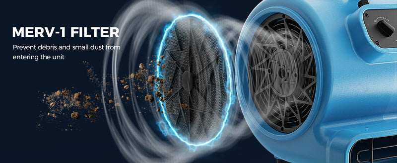 Close-up of a GE2000TF intake filter catching dust in front of the fan, with a MERV-1 Filter label
