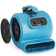 AlorAir GE2000TF air mover in blue with one intake filter removed beside it, front three-quarter view