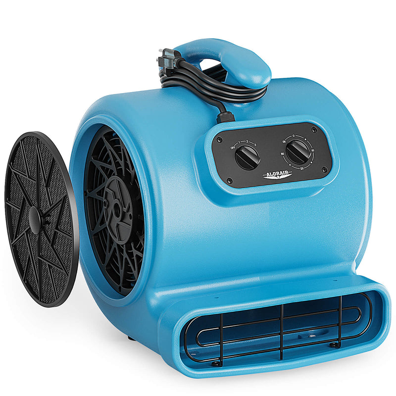 AlorAir GE2000TF air mover in blue with one intake filter removed beside it, front three-quarter view