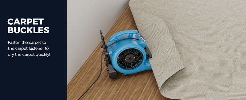 AlorAir GE3000HCW with a carpet edge tucked into its clamp, with a Carpet Buckles label