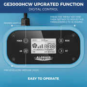 Close-up of the GE3000HCW LCD control panel with Power, Air, Menu and Set buttons