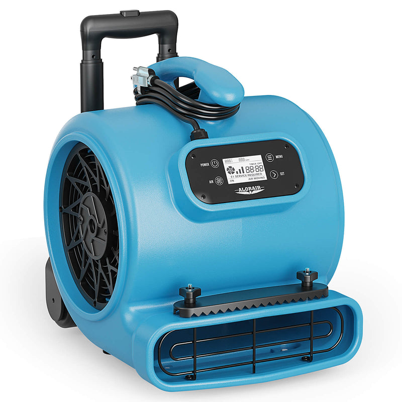 AlorAir GE3000HCW air mover in blue with pull-out handle, wheels, digital panel and carpet clamp, front three-quarter view