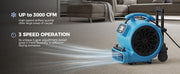 Blue AlorAir GE3000HCW blowing across a living room floor, with Up to 3000 CFM and 3 Speed Operation labels
