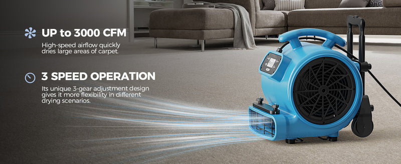 Blue AlorAir GE3000HCW blowing across a living room floor, with Up to 3000 CFM and 3 Speed Operation labels