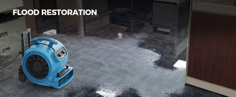 AlorAir GE3000HTC drying a flooded office carpet, with a Flood Restoration label