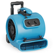 AlorAir GE3000HTC air mover in blue with pull-out handle, wheels and carpet clamp, front three-quarter view