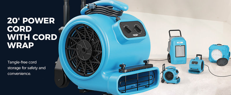 AlorAir GE3000HTC beside other AlorAir drying equipment, with a 20' Power Cord label