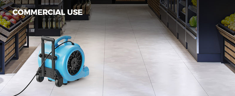 AlorAir GE3000HTC on a tiled store aisle floor, with a Commercial Use label