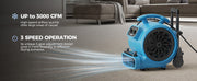 Blue AlorAir GE3000HTC blowing across a living room floor, with Up to 3000 CFM and 3 Speed Operation labels