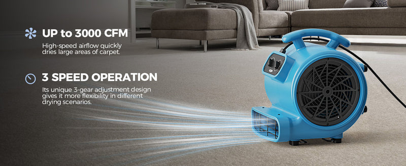 Blue AlorAir GE3000T blowing across a living room floor, with Up to 3000 CFM and 3 Speed Operation labels