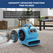 AlorAir GE3000TF on a living room carpet with a filter catching debris, with a Two Filters header
