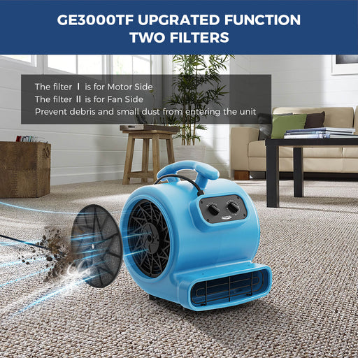 AlorAir GE3000TF on a living room carpet with a filter catching debris, with a Two Filters header