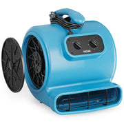 AlorAir GE3000TF air mover in blue with one intake filter removed beside it, front three-quarter view