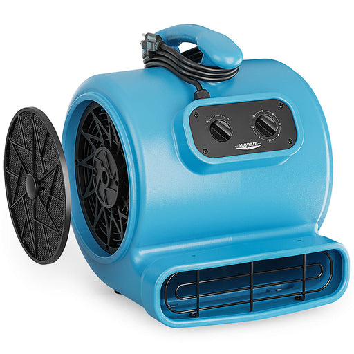 AlorAir GE3000TF air mover in blue with one intake filter removed beside it, front three-quarter view