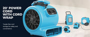 AlorAir GE3000TF beside other AlorAir drying equipment, with a 20' Power Cord label
