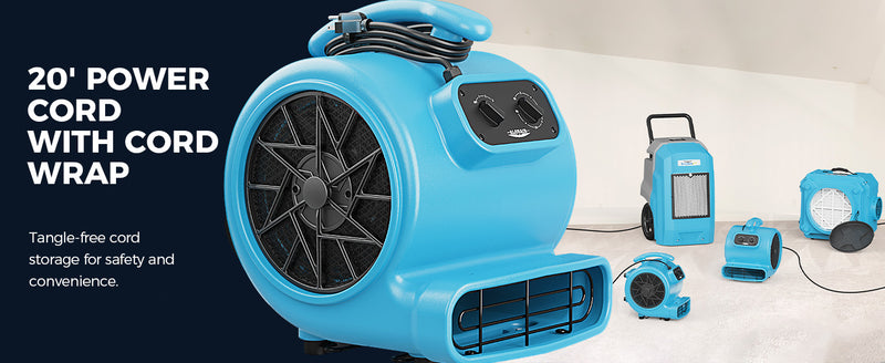 AlorAir GE3000TF beside other AlorAir drying equipment, with a 20' Power Cord label