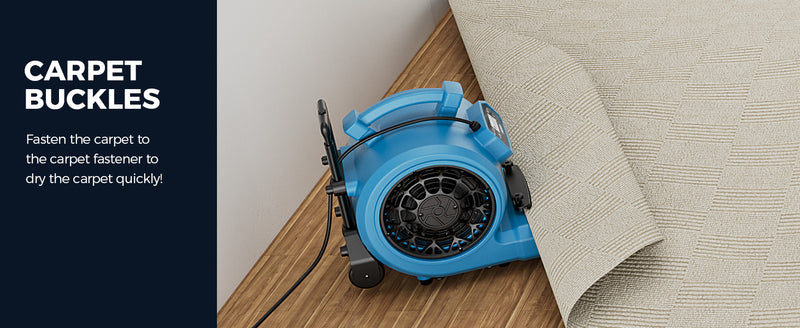 AlorAir GE4000HCW with a carpet edge tucked into its clamp, with a Carpet Buckles label