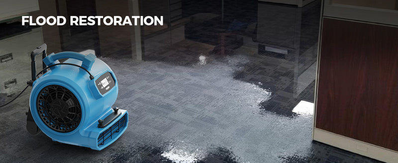 AlorAir GE4000HCW drying a flooded office carpet, with a Flood Restoration label