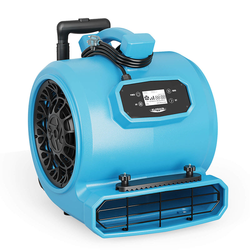 AlorAir GE4000HCW air mover in blue with pull-out handle, wheels, digital panel and carpet clamp, front three-quarter view